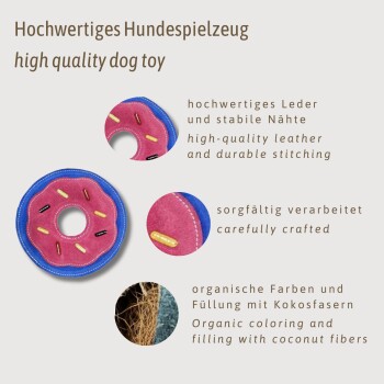 Hochwertiges Hundespielzeug in Form eines Donuts, aus hochwertigem Leder mit strapazierfähigen Nähten, in organischen Farben und mit Kokosfaserfüllung.