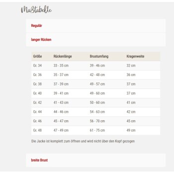 Größentabelle für Haustierjacken mit Rückenlänge, Brustumfang und Kragenbreite in Zentimetern für die Größen 34 bis 48.