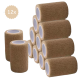 Ein Stapel von 12 Rollen braunem selbstklebendem Verband, mit einer strukturierten Oberfläche und einem weißen Innenkern, ideal für die Pflege von Haustieren.