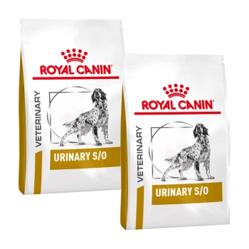 Deux sacs de nourriture pour chiens Royal Canin Veterinary Urinary S/O, présentant une silhouette de chien et le logo de la marque affiché en évidence.