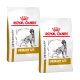 Zwei Beutel Royal Canin Veterinary Urinary S/O Hundefutter, mit einer Silhouette eines Hundes und dem markanten Logo der Marke.