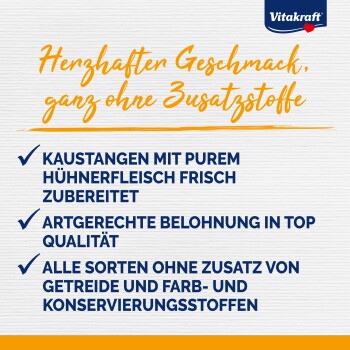 Vitakraft-Anzeige mit Hühnerkaustangen, die "Herzhafter Geschmack, ganz ohne Zusatzstoffe" betont, ohne Getreide oder Konservierungsstoffe.