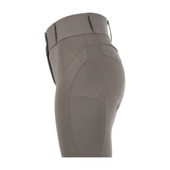 Graue Reitstrumpfhosen mit hohem Bund, mit einer kleinen Tasche und dem Markennamen "CAVALLO" in goldener Schrift.
