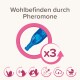Grafik einer blauen Pheromonflasche mit dem Text "Wohlbefinden durch Pheromone" und Symbolen, die Katzenverhalten und Vorteile darstellen.