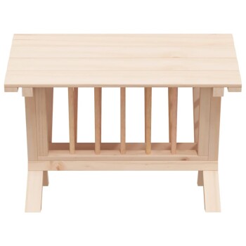 Holzfütterungstisch für Haustiere mit einem lamellierten Design und vier vertikalen Stützen, mit einer glatten, hellen Holzoberfläche.