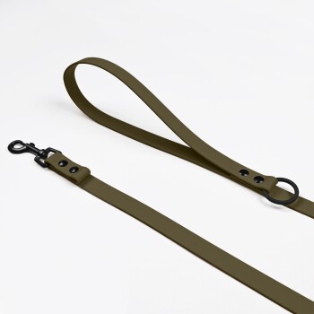 Olivgrüne Hundeleine mit einem schwarzen Metallclip und verstellbaren Löchern, flach auf einem weißen Hintergrund ausgelegt.
