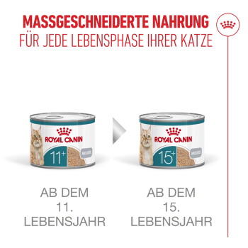 Zwei Royal Canin Katzenfutterdosen mit Kennzeichnungen 11+ und 15+; deutsche Überschrift 'MASSGESCHNEIDERTE NAHRUNG' und Untertext 'AB DEM 11./15.'