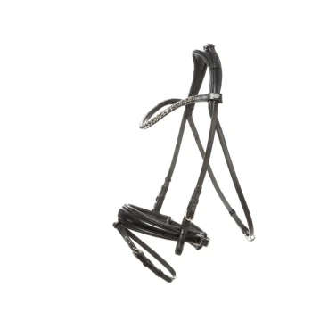 Schwarzes Leder-Halfter mit dekorativem silbernem Kettendetail, vor einem weißen Hintergrund präsentiert.