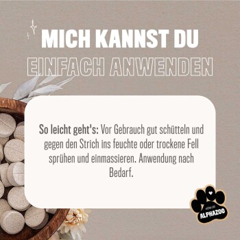 Anleitung zur Verwendung eines Haustierprodukts, mit einer Schüssel voller Tabletten und Text auf Deutsch: "So leicht geht's: Vor Gebrauch gut schütteln..."