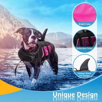 Ein Hund, der eine schwarze und rosa Schwimmweste mit Haifischflossen-Design trägt, spritzt im Wasser, mit Text, der seine einzigartigen Merkmale hervorhebt.