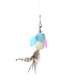 Hanging cat toy: blue and cream pom-pom bird with iridescent blue/pink wings, googly eye, feather tail and metal clip.