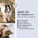 Etikett für BARF-ÖL Omega 3-6-9, ein Nahrungsergänzungsmittel für Hunde und Katzen, mit einem goldenen Hundegesicht und Text in deutscher Sprache.