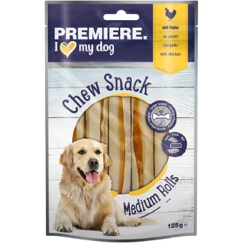 Medium Rolls Huhn 5 Stück, 125g Premiere I Love My Dog Kauknochen Verpackung mit mittleren Rollen mit Huhn, 125g. Enthält eine Hundillustration und Informationen zur Kauzeit.