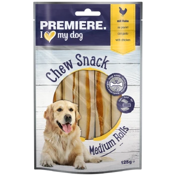 Premiere I Love My Dog Kauknochen Verpackung mit mittleren Rollen mit Huhn, 125g. Enthält eine Hundillustration und Informationen zur Kauzeit.
