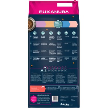 Torba z karmą dla psów Eukanuba dla dużych i olbrzymich ras, podkreślająca informacje o odżywianiu, wytyczne dotyczące karmienia, glukozaminę i prebiotyki.