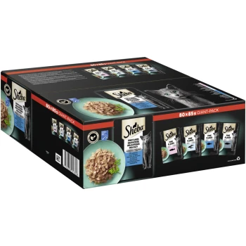 Multipack Giant-Pack Delikatesse in Gelee Fisch Variation MSC 80x85g Sheba Katzenfutter-Riesenpackung mit 80 x 85g feinen Flocken in verschiedenen Geschmacksrichtungen, mit einem Foto einer Katze und einer Schüssel mit Futter.