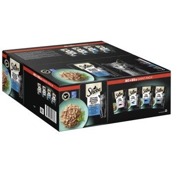 Sheba Katzenfutter-Riesenpackung mit 80 x 85g feinen Flocken in verschiedenen Geschmacksrichtungen, mit einem Foto einer Katze und einer Schüssel mit Futter.