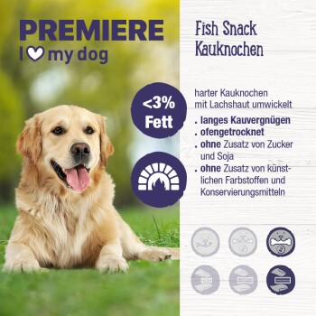 Ein glücklicher Golden Retriever sitzt auf dem Gras neben einer Anzeige für "Premiere Fish Snack Kauknocken", die fettarm, langanhaltend und ohne Zusatzstoffe ist.