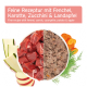 Schüssel mit Haustierfutter mit gemischtem Gemüse und Apfelscheiben, umgeben von frischen Karotten, Zucchini und einem Apfel, mit dem "AniForte"-Logo oben.