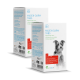 Schachtel mit Magen-Darm-Tabletten für Hunde, mit einem Hund auf der Vorderseite, mit Text, der die Verdauungsunterstützung und probiotische Vorteile hervorhebt.