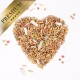 Eine herzförmige Anordnung verschiedener Samen und Körner, mit bunten Pellets, die verstreut sind, mit der Aufschrift 'PREMIUM' in einem goldenen Banner.
