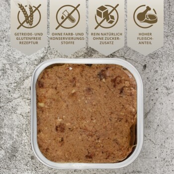 Eine schwarze Schüssel, gefüllt mit feuchtem Haustierfutter, steht auf einer grauen Oberfläche, umgeben von Hundekauknocken und einer kleinen Topfpflanze.