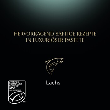 Luxuriöse Haustierfutterverpackung mit dem Text "Hervorragend saftige Rezepte in luxuriöser Pastete" und "Lachs" mit einem Fischsymbol.