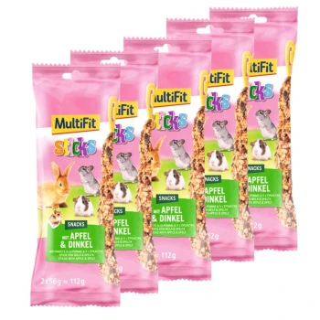 Cinq paquets de collations MultiFit roses pour petits animaux, présentant un lapin, un cochon d'Inde, et un chinchilla. Chacun contient 112g de friandises à la pomme et au petit épeautre.