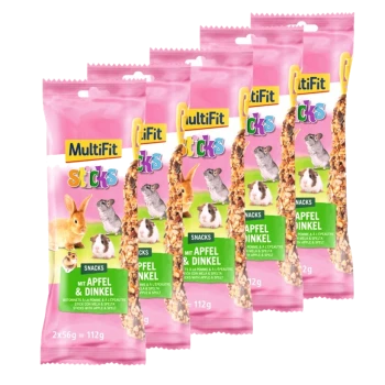 Fünf pinke MultiFit Snackpakete für kleine Haustiere, mit einem Kaninchen, Meerschweinchen und Chinchilla. Jedes enthält 112g Apfel- und Dinkel-Leckerlis.