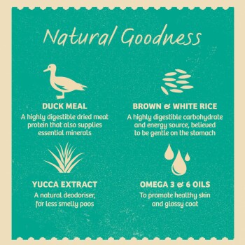 Natural Goodness infographic featuring Duck Meal, Brown & White Rice, Yucca Extract, and Omega 3 & 6 Oils with descriptions of benefits.