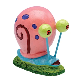 SpongeBob Gary 5cm Eine bunte dekorative Schneckenfigur mit einer rosa Schale, die mit blauen Punkten verziert ist, großen grünen Augen und einer blauen Basis auf einem Grasfleck.