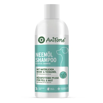 Neemöl Shampoo 500ml AniForte Neemöl-Shampoo für Hunde in einer türkisfarbenen Flasche, das natürliche Inhaltsstoffe und feuchtigkeitsspendende Vorteile hervorhebt.