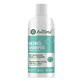AniForte Neemöl-Shampoo für Hunde in einer türkisfarbenen Flasche, das natürliche Inhaltsstoffe und feuchtigkeitsspendende Vorteile hervorhebt.