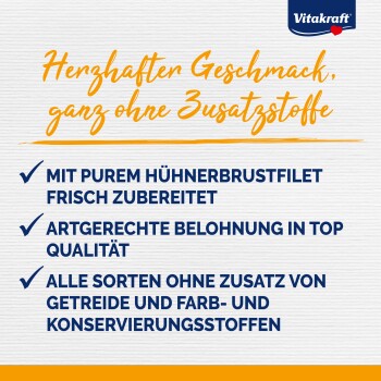 Vitakraft-Hundeleckerli-Werbung mit dem Text: "Herzhafter Geschmack, ganz ohne Zusatzstoffe" und Häkchen, die die wichtigsten Vorteile hervorheben.