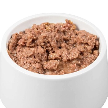 Eine weiße Haustierschüssel, gefüllt mit feuchtem, fein gehacktem Fleisch, das weich und leicht glänzend erscheint.