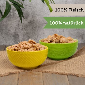 Zwei Schalen mit Haustierfutter, eine gelbe und eine grüne, gefüllt mit einer stückigen Fleischmischung. Der Text lautet "100% Fleisch" und "100% natürlich."