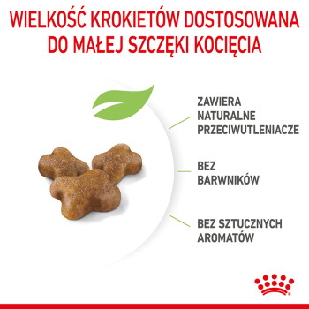 Trzy granulki karmy dla kociąt i liść; polski nagłówek dotyczący rozmiaru granulki; uwagi: antyoksydanty, bez barwników, bez sztucznych aromatów.