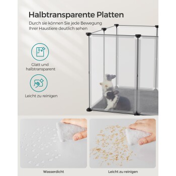 Halbtransparente Platten für Haustiergehege mit zwei Kaninchen. Text: "Deutliche Sicht auf Bewegungen. Glatt, halbtransparent, leicht zu reinigen."
