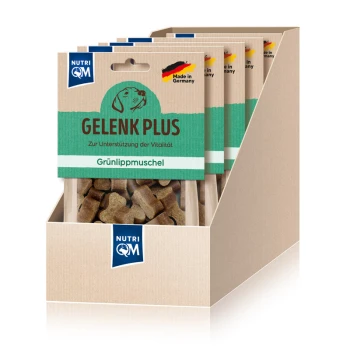 Snack Gelenk Plus Grünlippmuschel 5x 125g "Gelenk Plus" Hundefutterergänzung in einer grünen Verkaufsbox mit deutschem Text: "Zur Unterstützung der Vitalität" und "Grünlippmuschel."