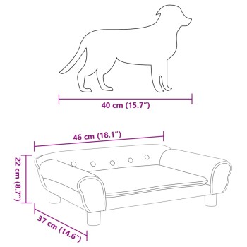 Hund Silhouette über einem Haustiersofa, beschriftete Maße: Hund 40 cm, Sofa 46 cm breit, 22 cm hoch, 37 cm tief.