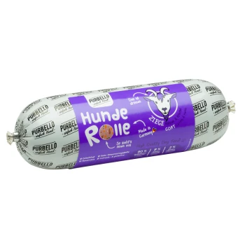 Hochwertiger Hundewurst-Roll mit der Bezeichnung "Hunde Rolle", mit einem lila Design und einer Ziegenillustration, mit dem Hinweis "Hergestellt in Deutschland."