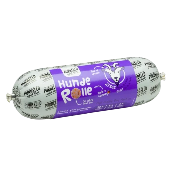 Hochwertiger Hundewurst-Roll mit der Bezeichnung "Hunde Rolle", mit einem lila Design und einer Ziegenillustration, mit dem Hinweis "Hergestellt in Deutschland."