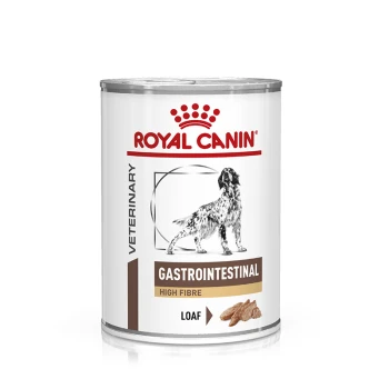 Dosenfutter für Hunde von Royal Canin, beschriftet mit "Gastrointestinal High Fibre", mit einer Hundillustration und einem Laib-Textur.