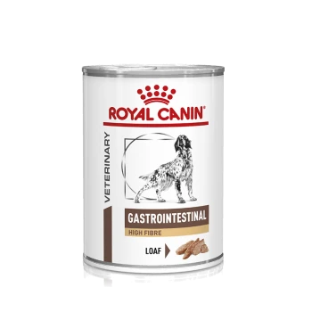 Dosenfutter für Hunde von Royal Canin, beschriftet mit "Gastrointestinal High Fibre", mit einer Hundillustration und einem Laib-Textur.