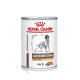Dosenfutter für Hunde von Royal Canin, beschriftet mit "Gastrointestinal High Fibre", mit einer Hundillustration und einem Laib-Textur.