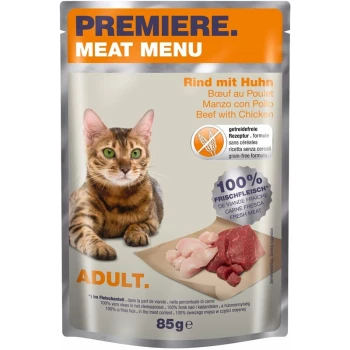 Katzenfutterverpackung mit einer Bengal-Katze, mit Text, der "Premiere Meat Menu", "Rind mit Huhn" und "100% Frisches Fleisch" angibt.