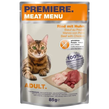 Cat food packaging featuring a Bengal cat, with text stating "Premiere Meat Menu," "Beef with Chicken," and "100% Fresh Meat."