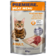 Katzenfutterverpackung mit einer Bengal-Katze, mit Text, der "Premiere Meat Menu", "Rind mit Huhn" und "100% Frisches Fleisch" angibt.