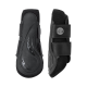 Schwarze Schutzstiefel für Pferde mit Mesh- und gepolstertem Design, mit verstellbaren Riemen und einem Logo an der Seite.