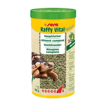 Behälter mit Sera Raffy Vital Nature Schildkrötenfutter, mit einer Schildkröte auf der Vorderseite, mit Text in mehreren Sprachen und einem grünen Deckel.